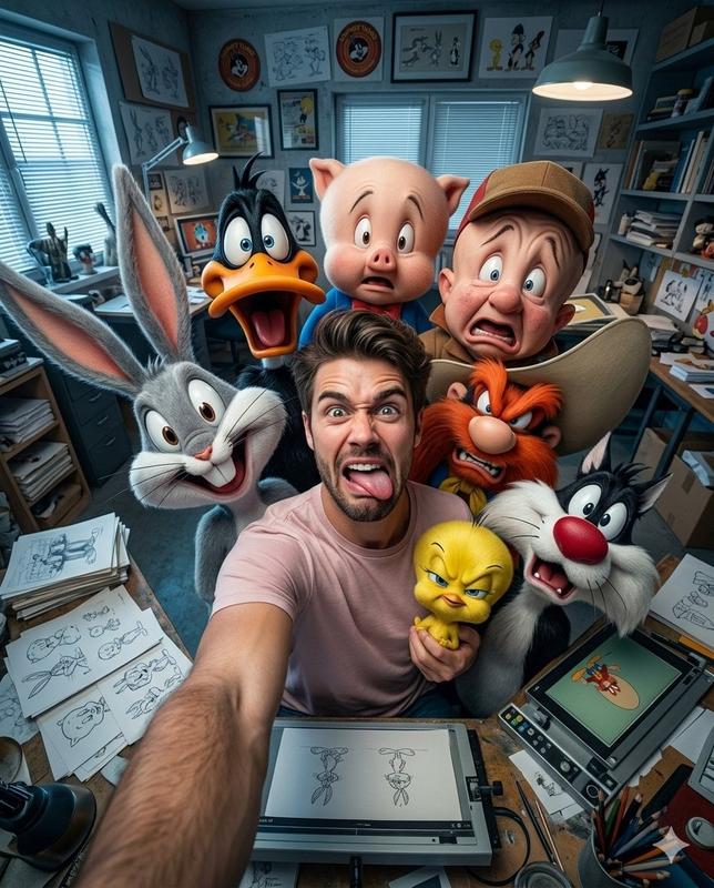 Ultra-Wide Studio Selfie with Looney Characters