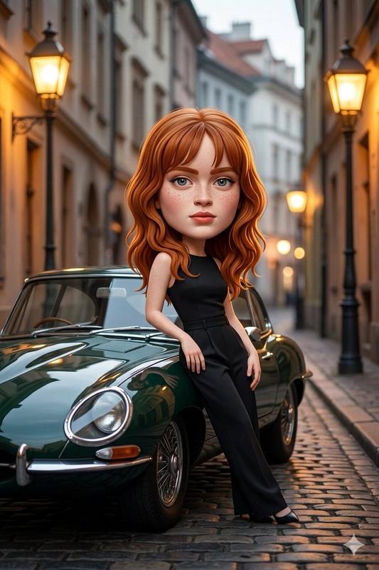 3D Caricature Beside Vintage Car