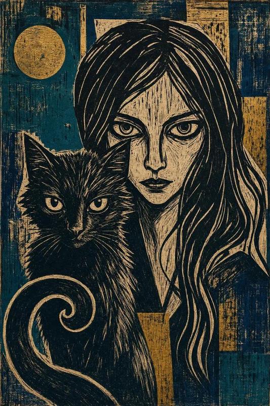 Expressionist Linocut Woman and Cat