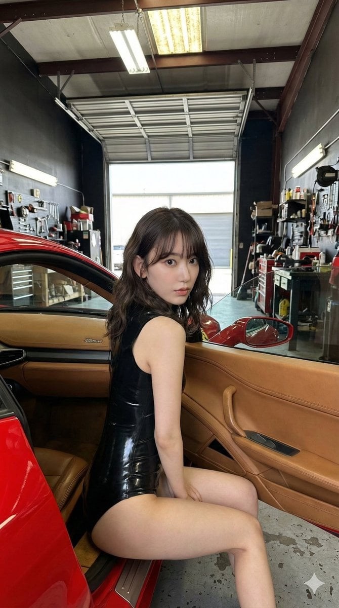 Garage Portrait on a Red Sports Car Sill