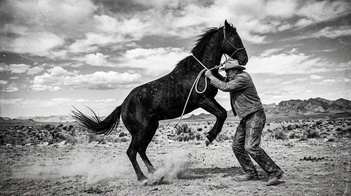 Black-and-White Western Horse Struggle
