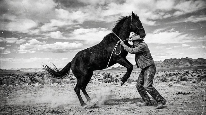 Black-and-White Western Horse Struggle
