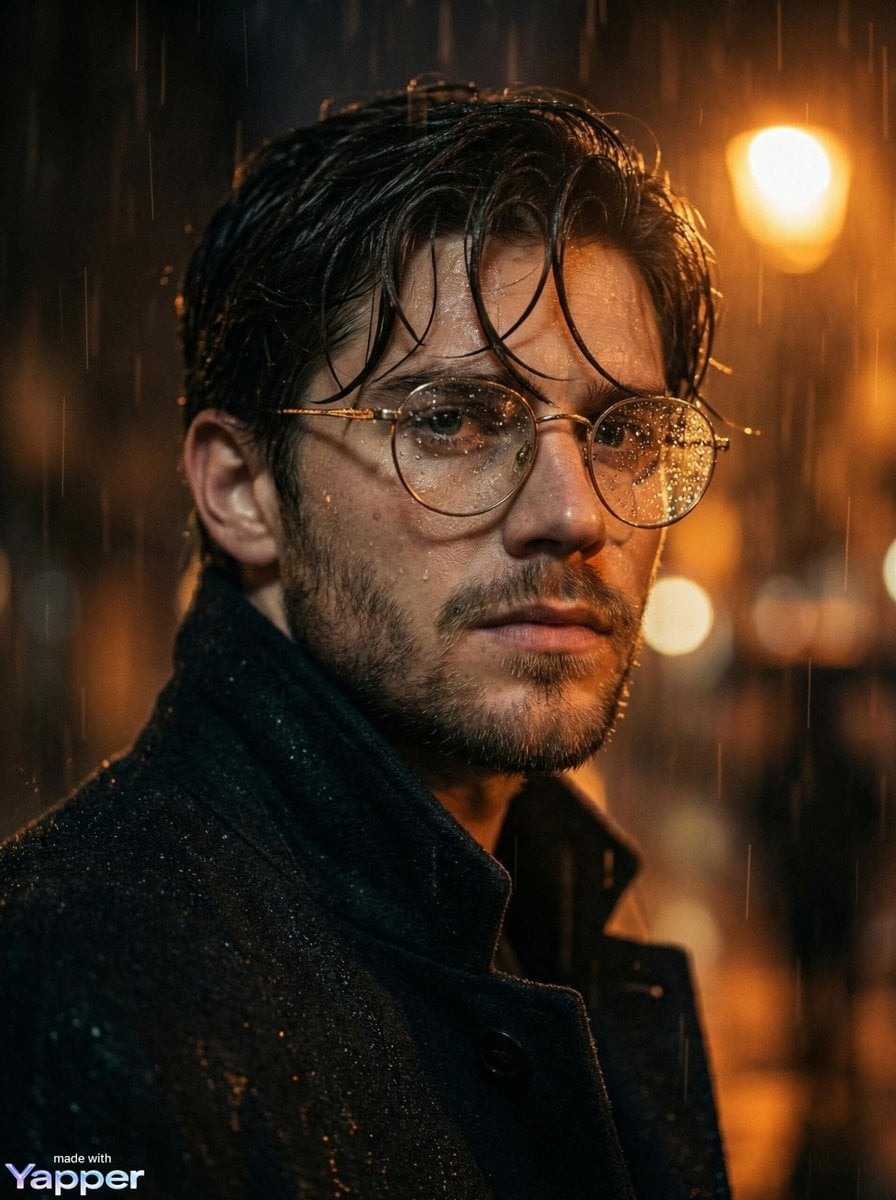 Rainy Noir Portrait with Round Glasses