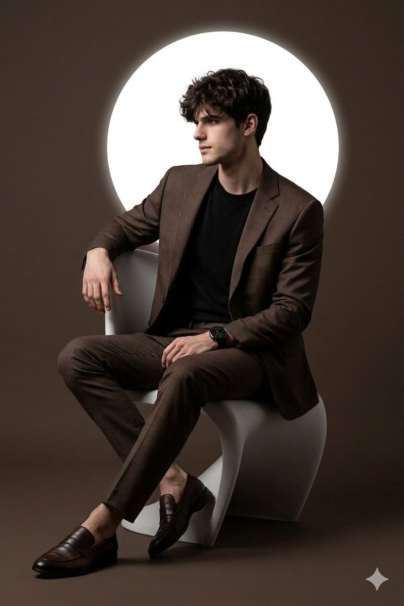 Brown Suit Designer Chair Studio Portrait