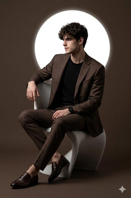 Brown Suit Designer Chair Studio Portrait