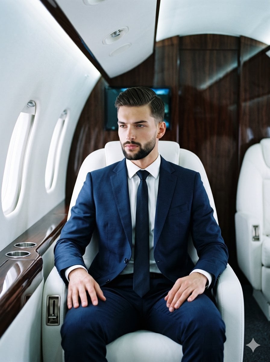 Navy Suit Portrait Inside a Private Jet