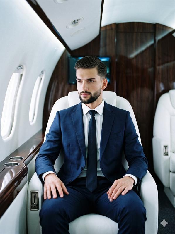 Navy Suit Portrait Inside a Private Jet