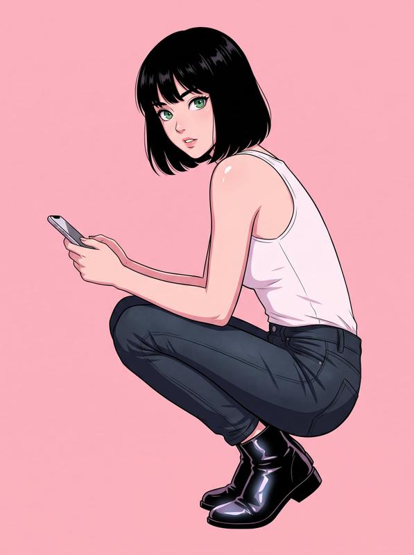Anime Girl with Smartphone on Pink Backdrop
