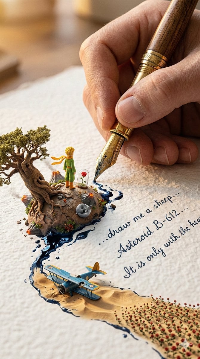 Giant Pen Writing a Miniature Story