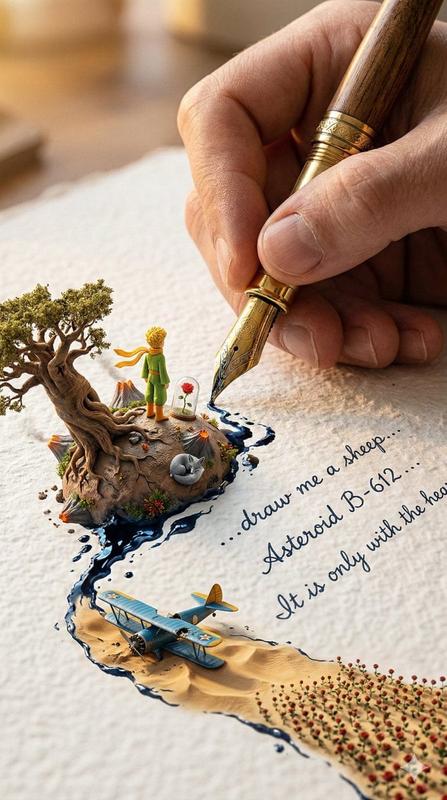 Giant Pen Writing a Miniature Story