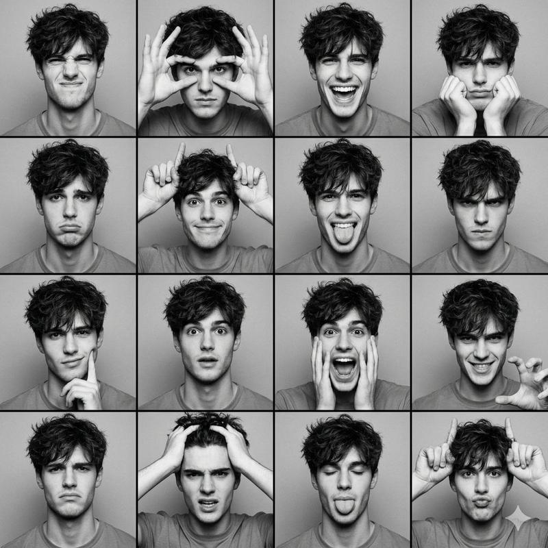 Black-and-White 4x4 Photobooth Expression Grid