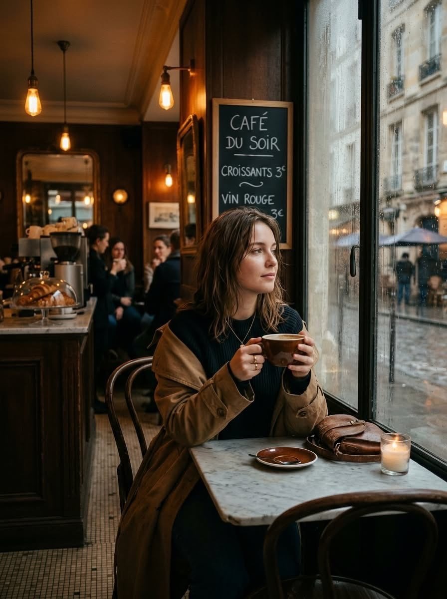 Rainy Parisian Café Window Scene
