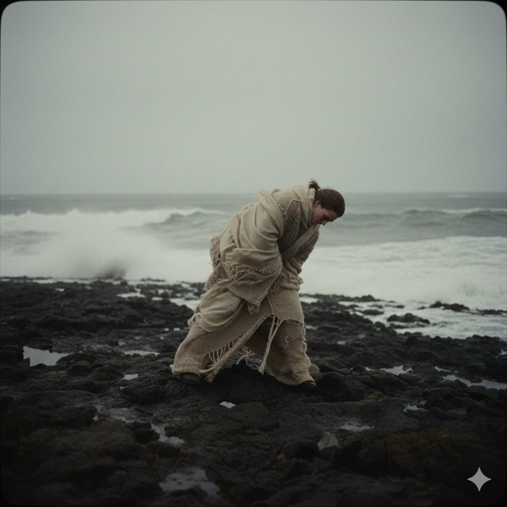 Solitary Wool Figure on Storm Coast