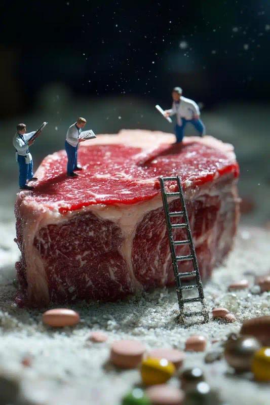 Hyper-Realistic Scientists Examining Steak
