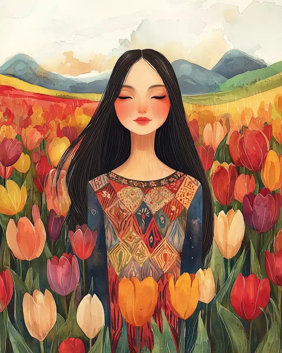 Cartoon Watercolor Kazakh Woman