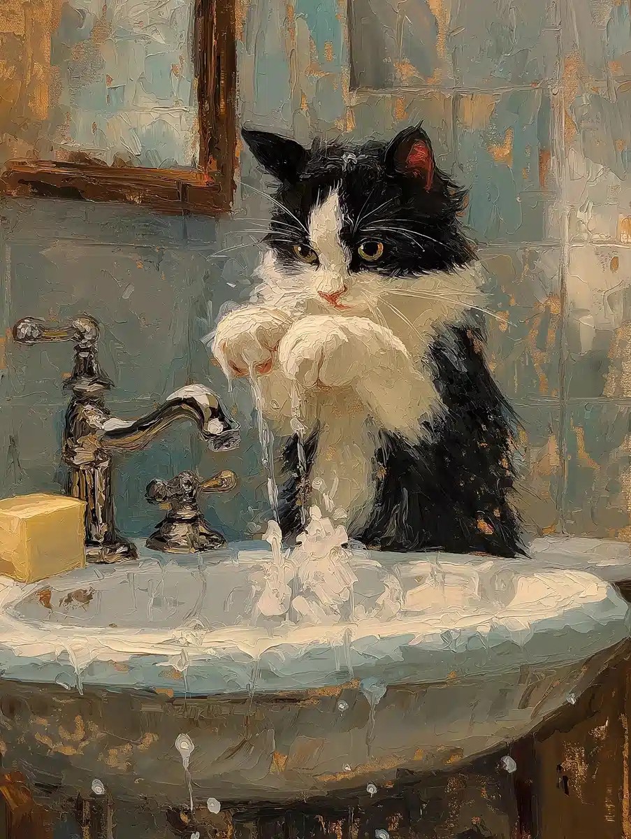 Tuxedo Cat at Sink