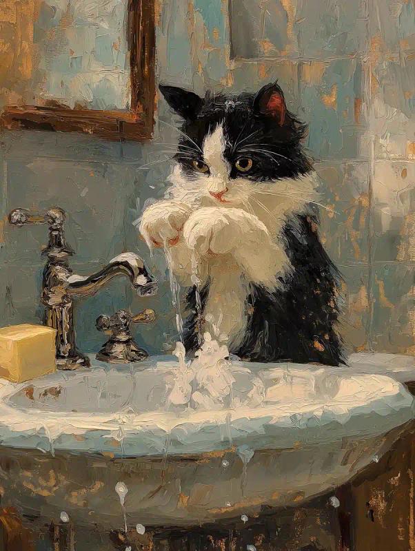 Tuxedo Cat at Sink