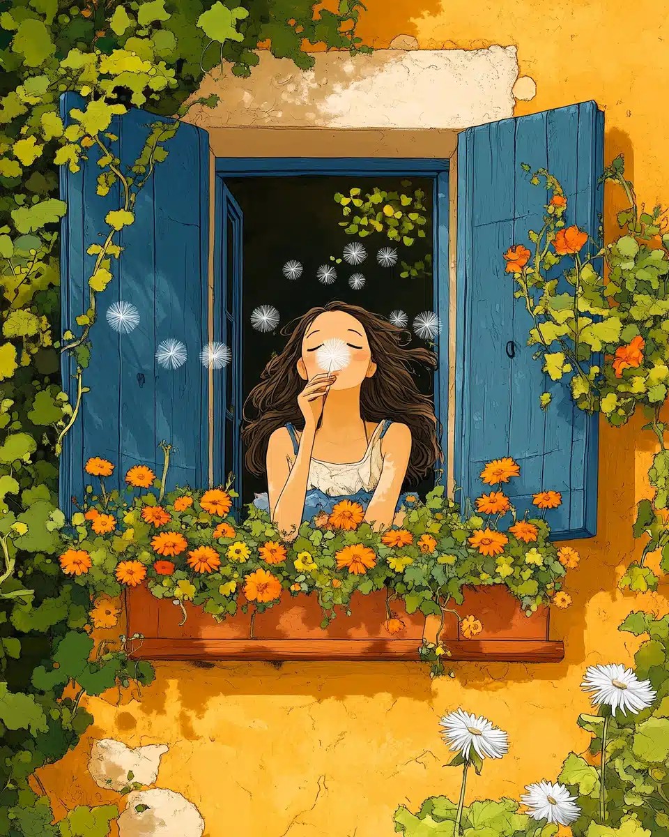 Cartoon Woman Blowing Dandelions