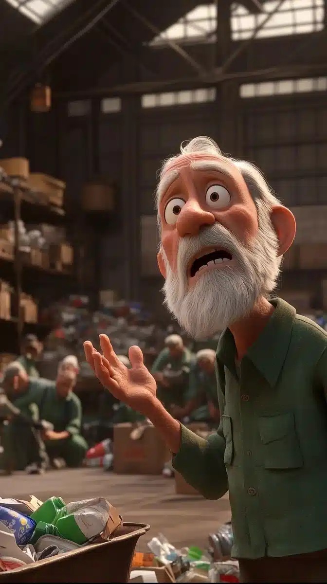 Animated Old Man in Warehouse