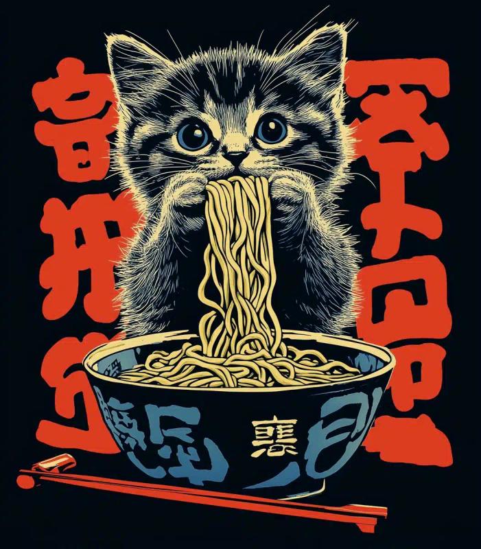 Silkscreen Kitten with Ramen