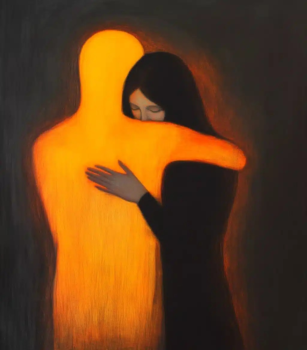 Minimalist Woman Embracing Orange Figure