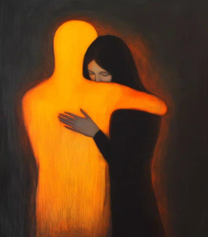 Minimalist Woman Embracing Orange Figure