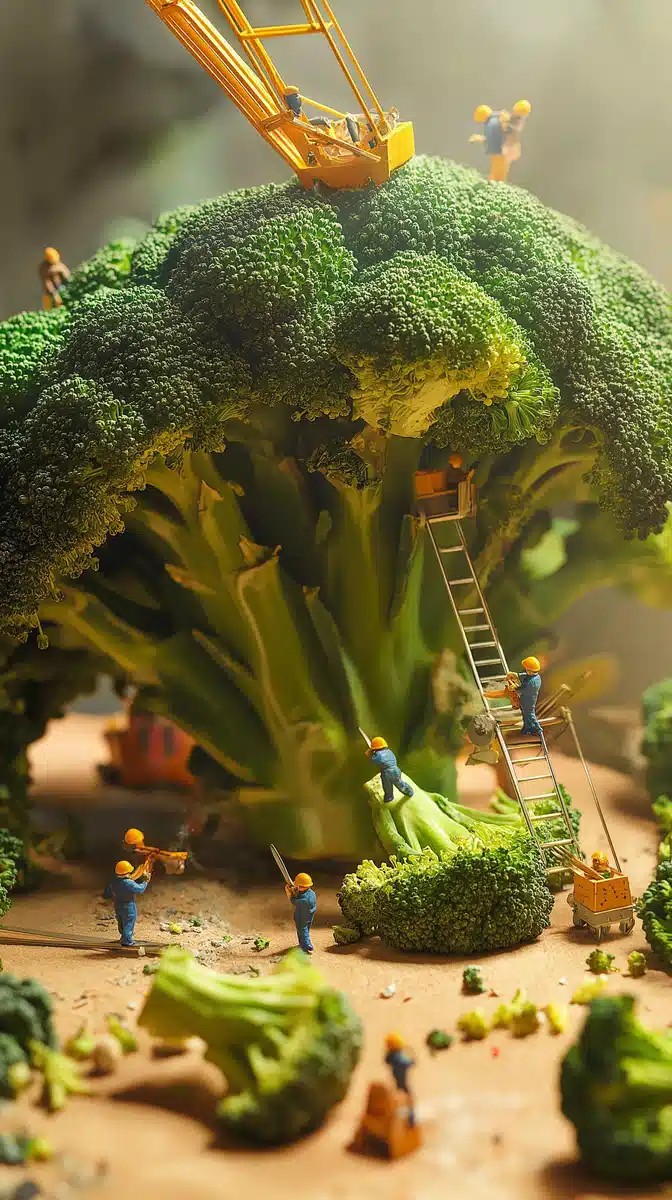 Miniature Workers Tending Broccoli