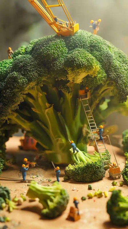 Miniature Workers Tending Broccoli