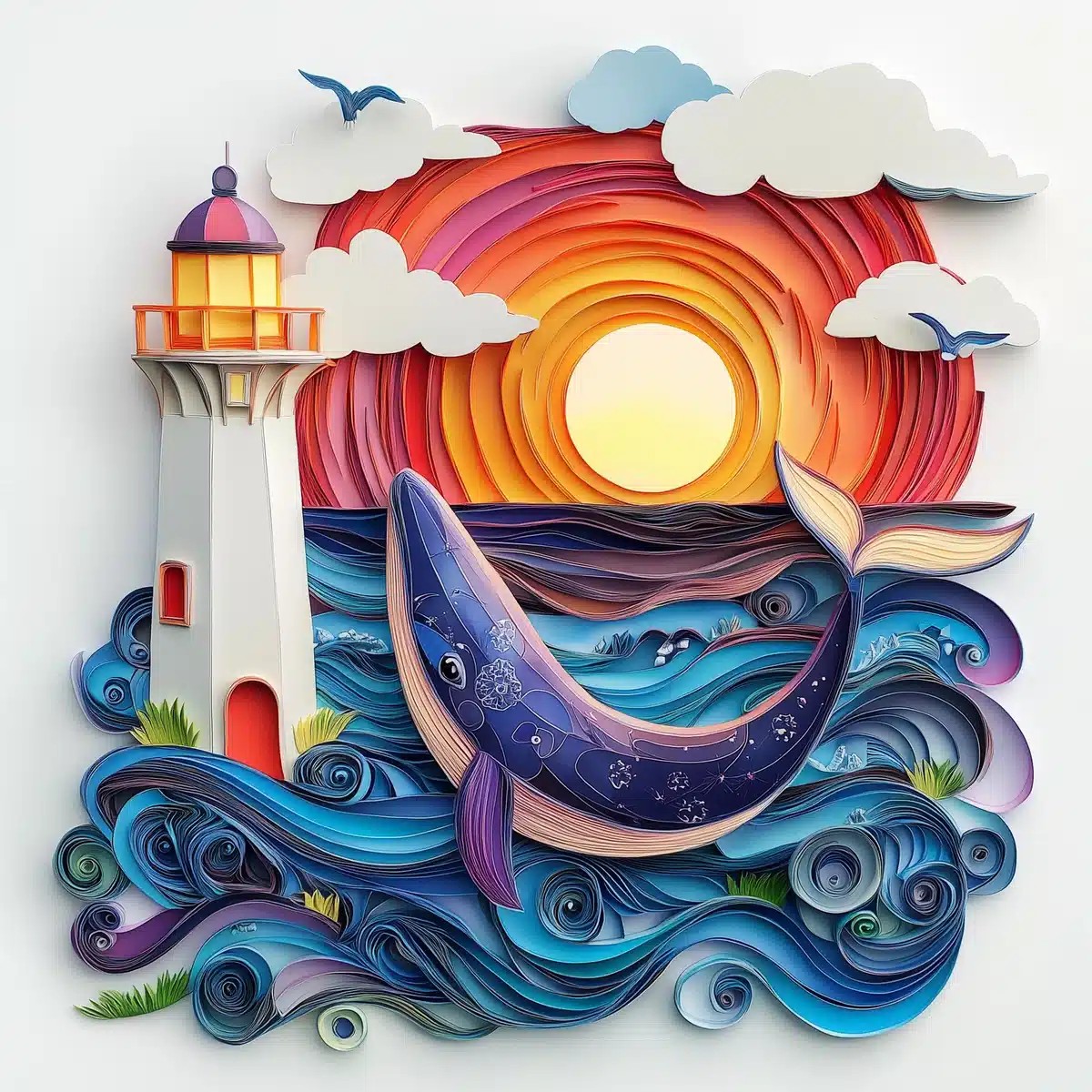 Colorful Quilled Lighthouse and Whale