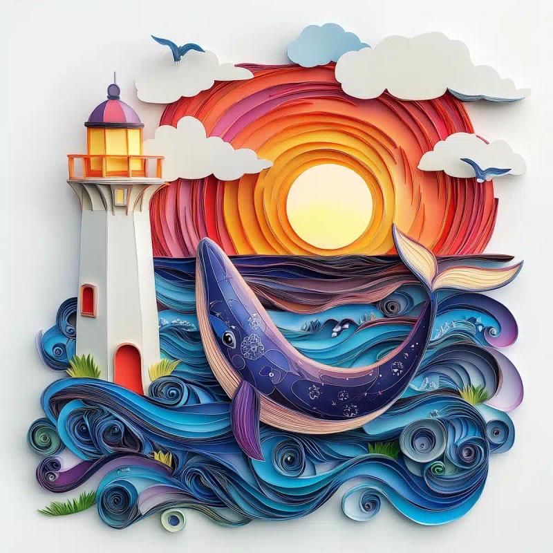 Colorful Quilled Lighthouse and Whale