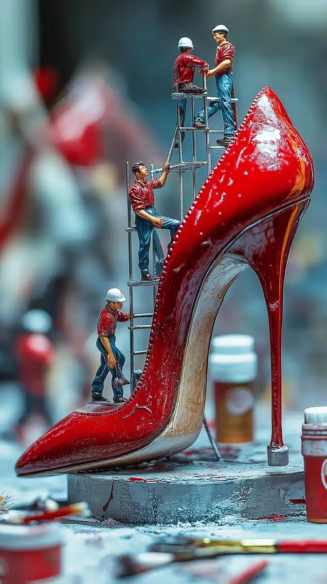 Miniature Workers Polishing Shoe