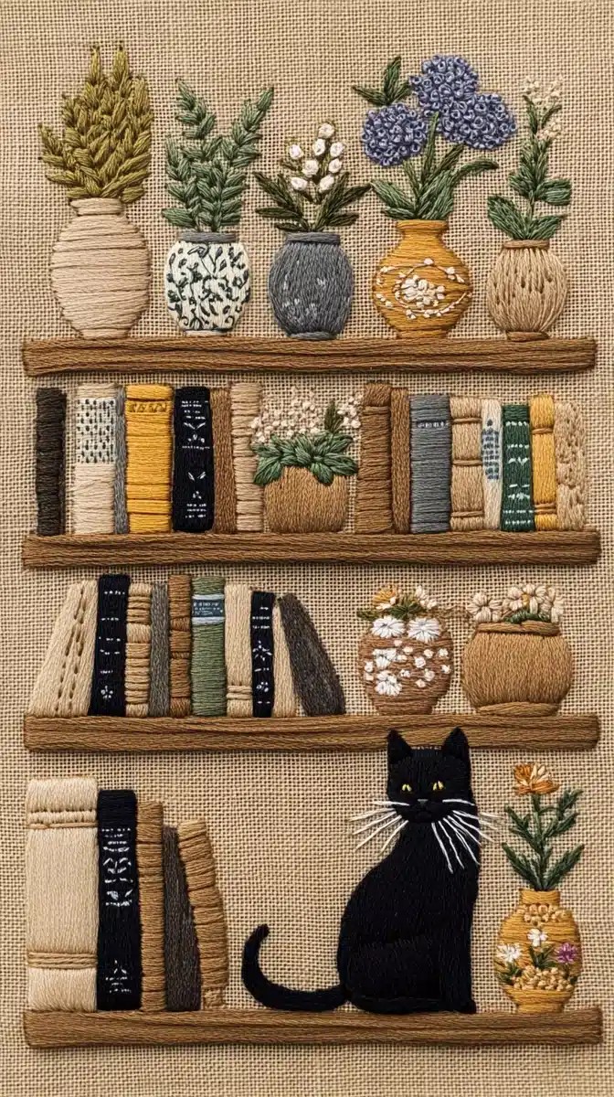 Embroidered Bookshelf with Cat