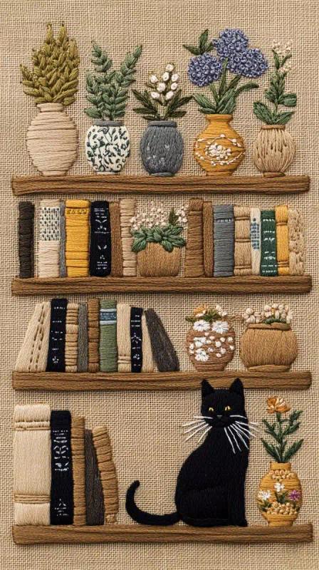 Embroidered Bookshelf with Cat