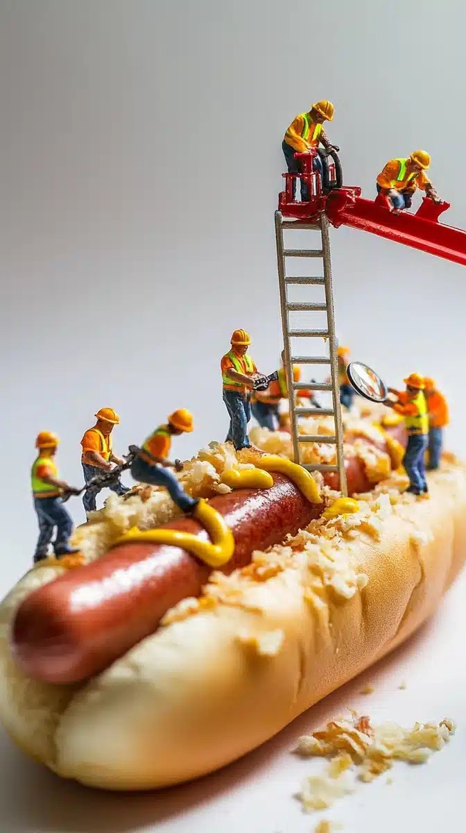 Miniature Workers on Hot Dog