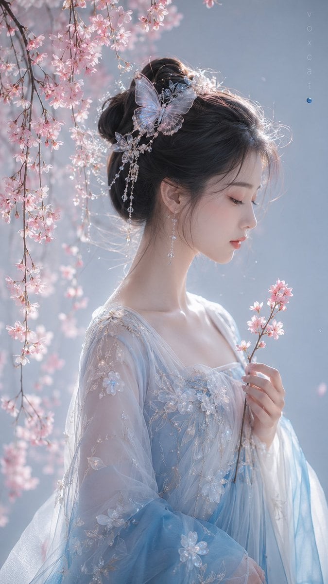 Cherry Blossom Ancient-Style Girl with Butterfly Ornament