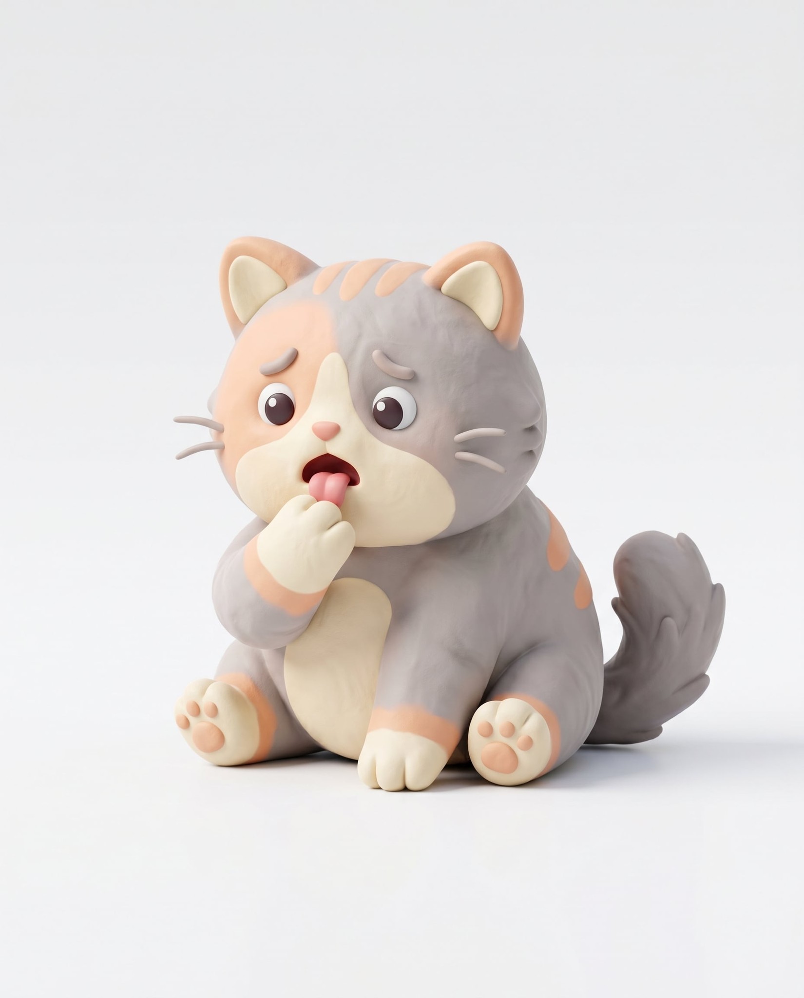 Clay Cat Licking Its Paw