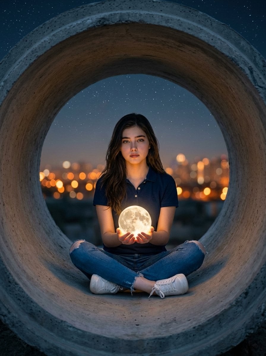 Moon in Concrete Pipe Portrait