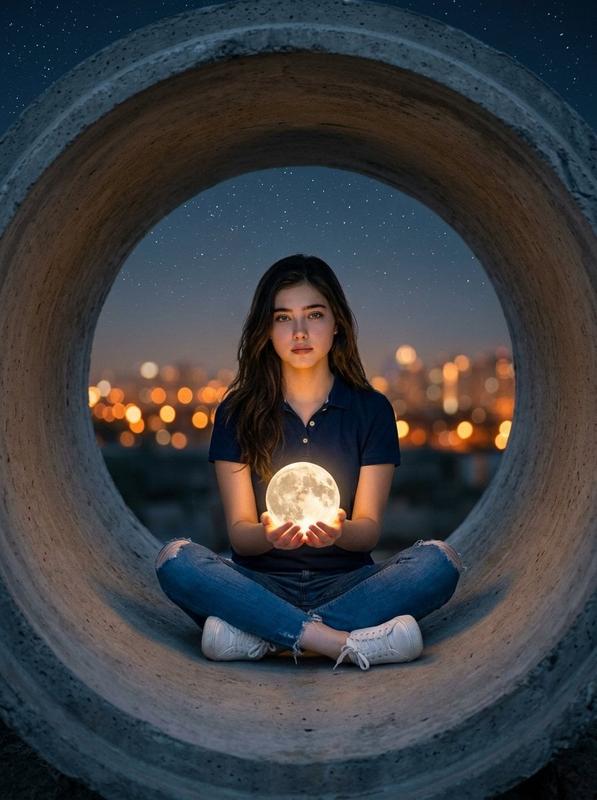 Moon in Concrete Pipe Portrait