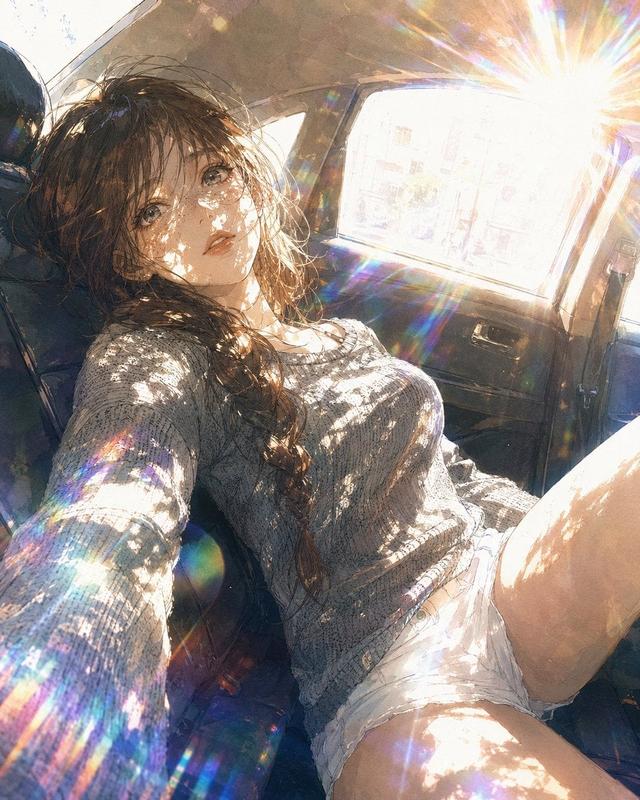 Overexposed Car Backseat Anime Illustration