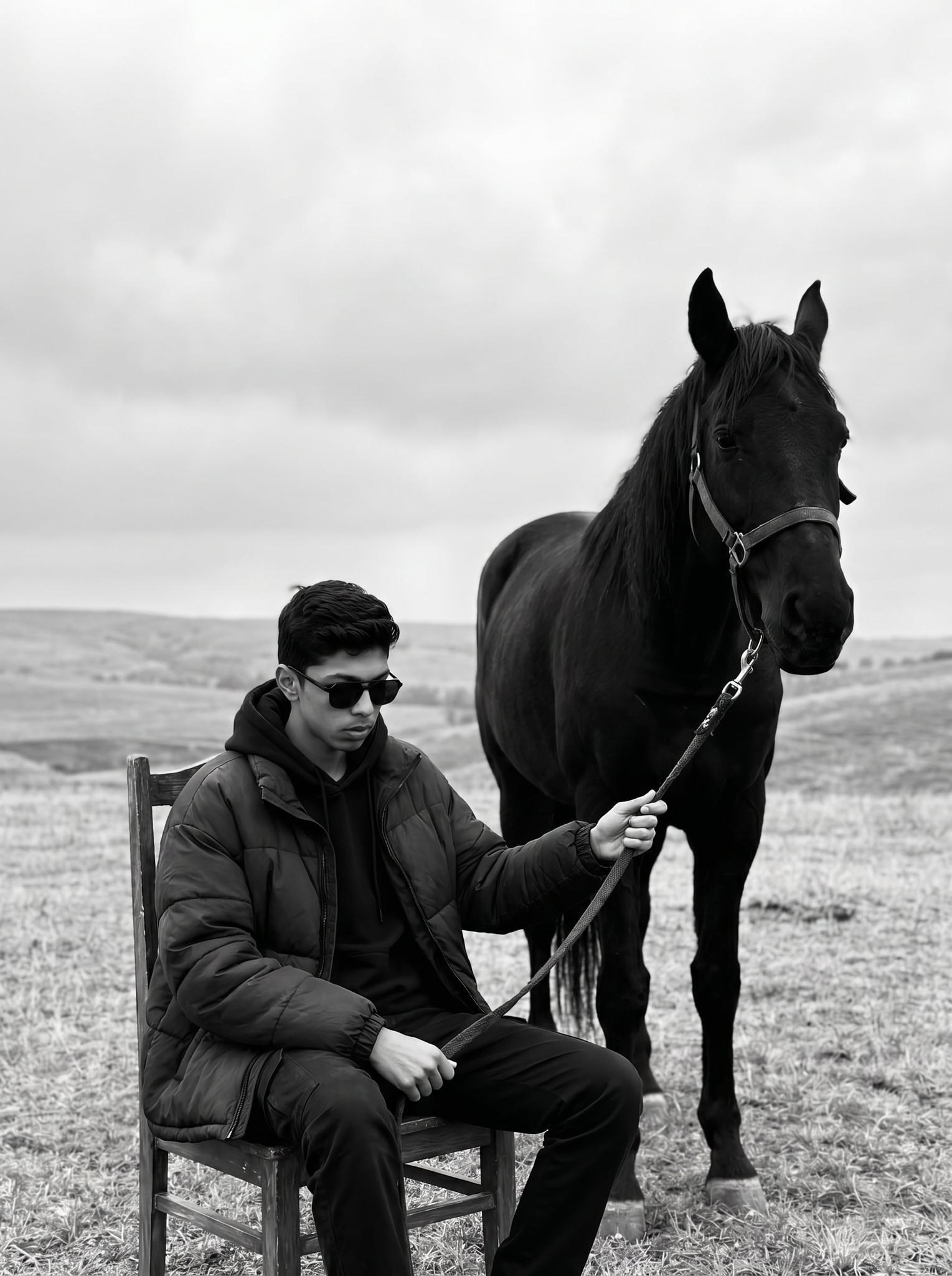 Black-and-White Man and Horse Power Portrait