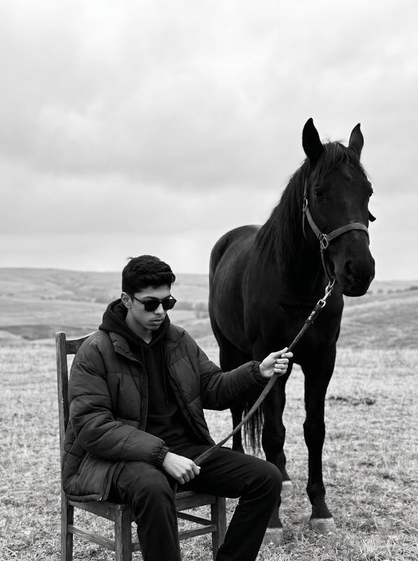 Black-and-White Man and Horse Power Portrait