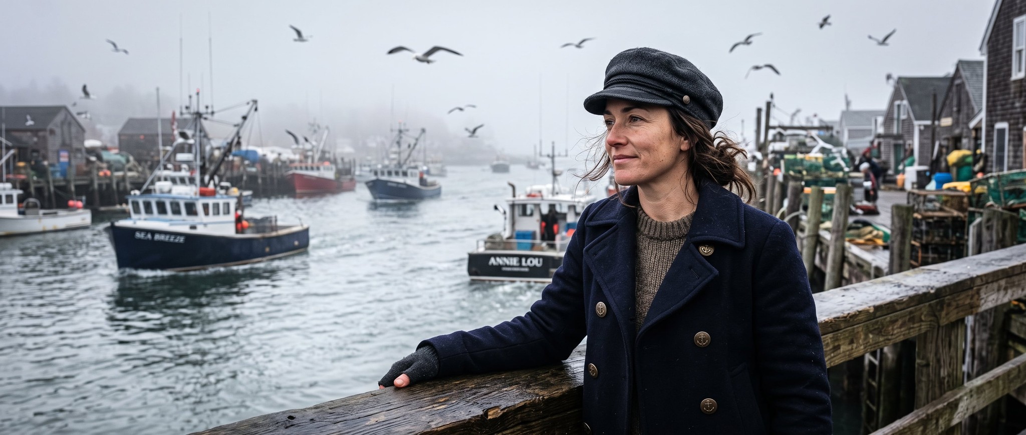 Foggy Fishing Village Peacoat Portrait