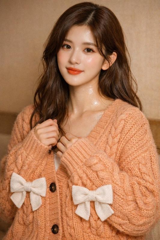 Zhao Lusi Peach Knit Cardigan Portrait