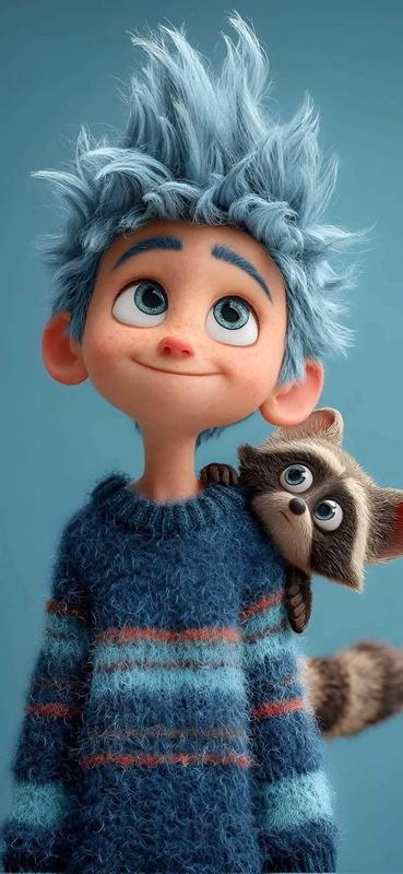 Blue-Haired Boy with Raccoon 3D