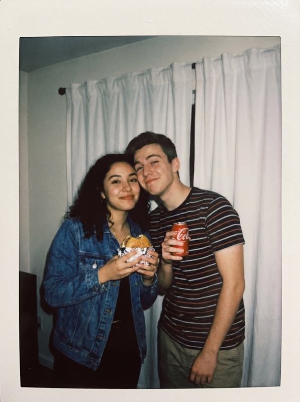 Polaroid Couple Snapshot by White Curtains