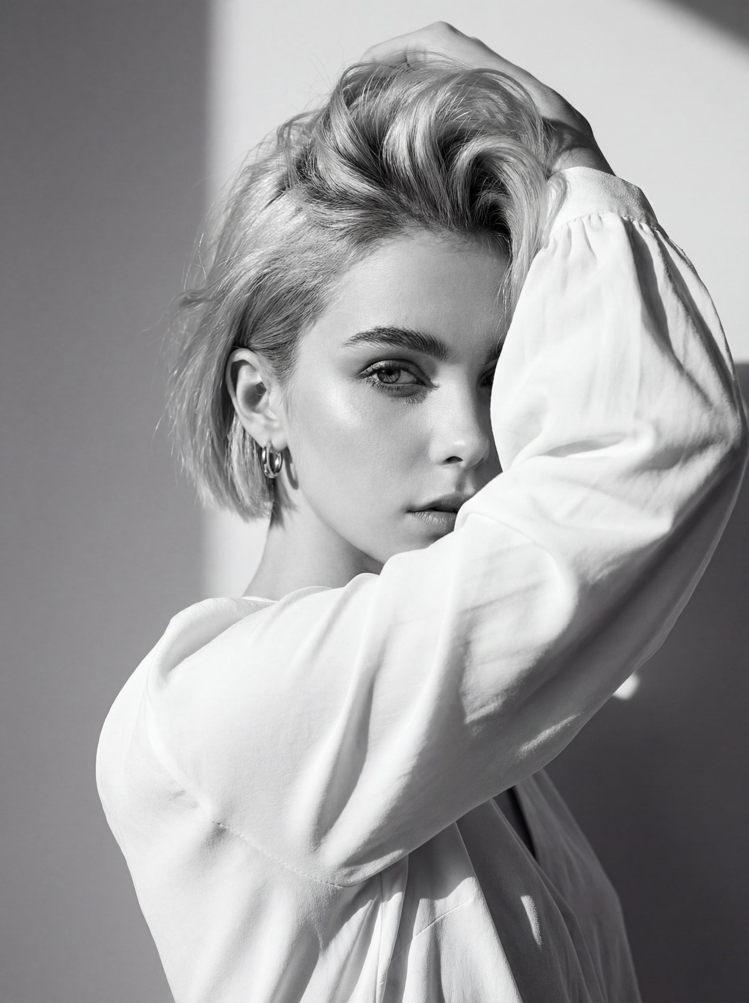 Monochrome High-Fashion White Blouse Portrait