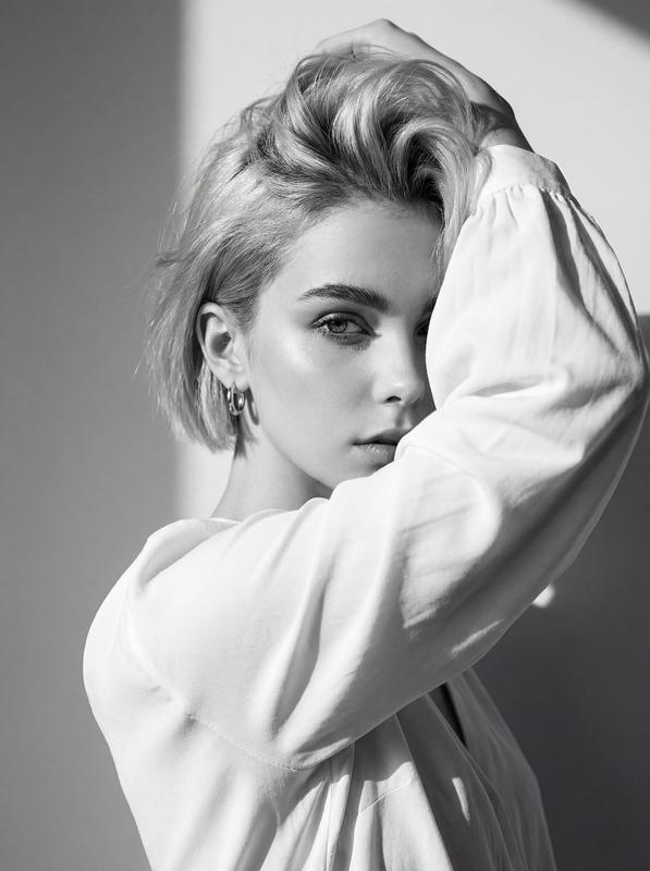 Monochrome High-Fashion White Blouse Portrait