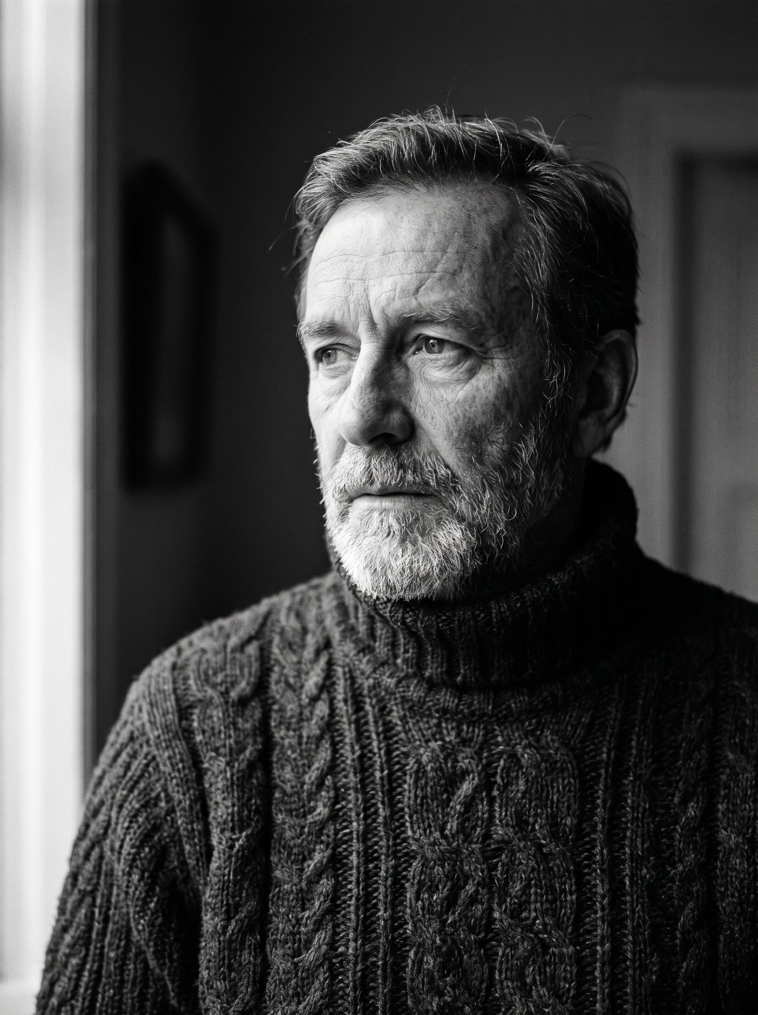 Black-and-White Cable-Knit Turtleneck Portrait