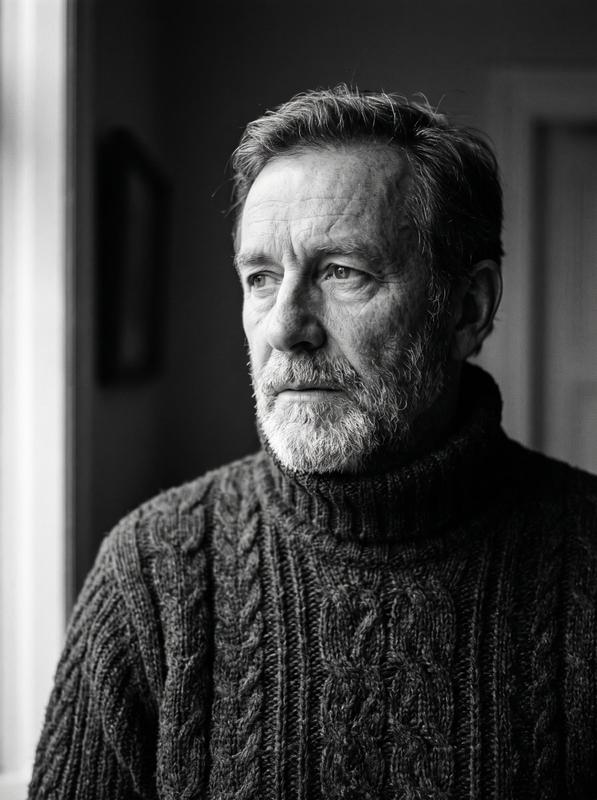 Black-and-White Cable-Knit Turtleneck Portrait