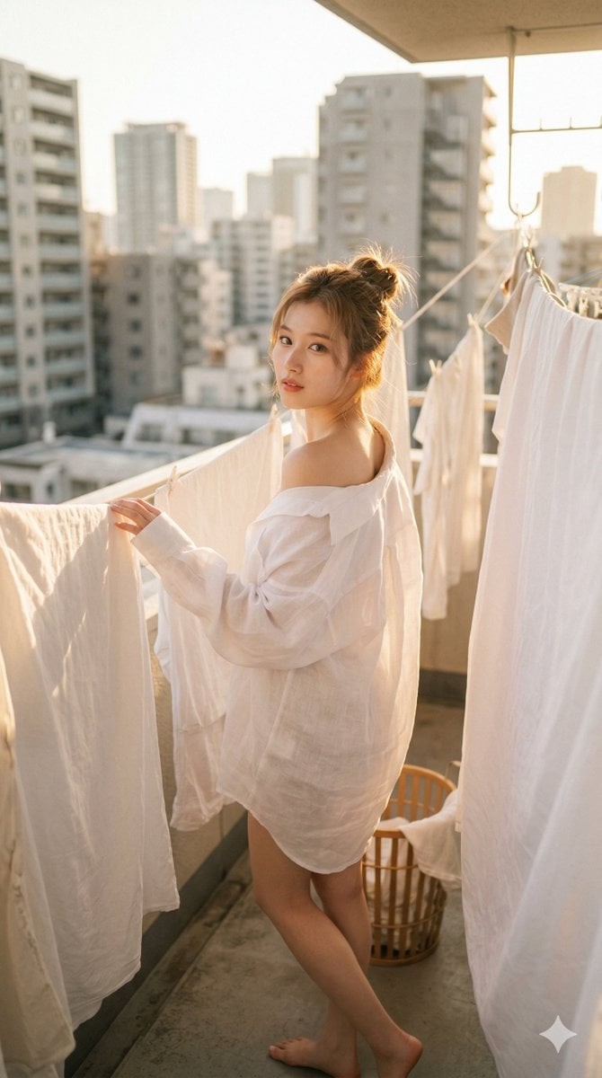 Balcony White Shirt Golden Backlight